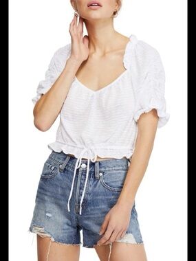 Free People Cream Ruffle-Trim Drawstring Peasant Blouse